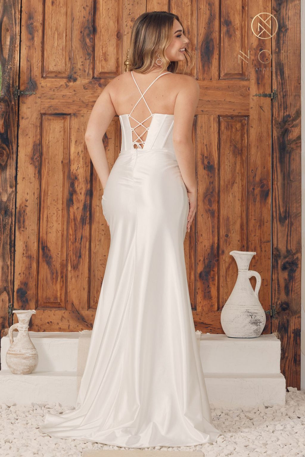 Nox Anabel E1042W Long Stretch Satin Cowl Neck Wedding Dress