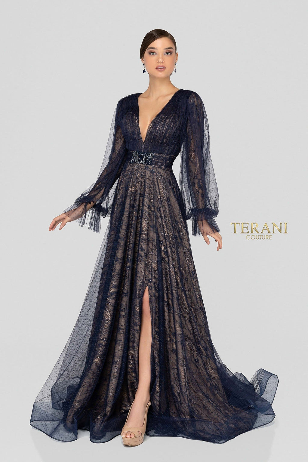 Terani Couture 1913M9414 Long V-Neck Formal Dress