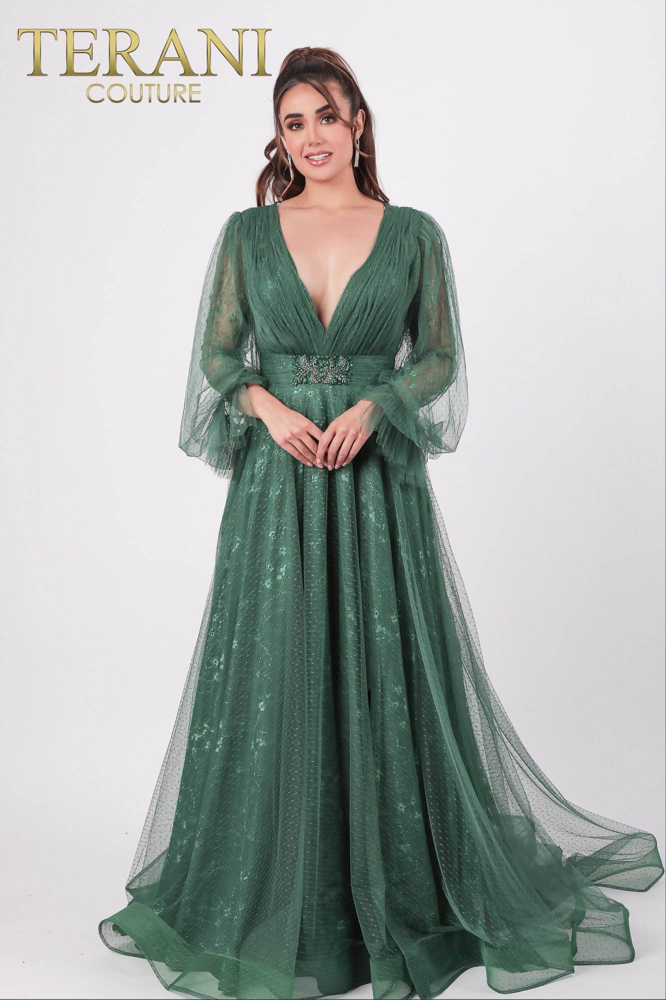 Terani Couture 1913M9414 Long V-Neck Formal Dress