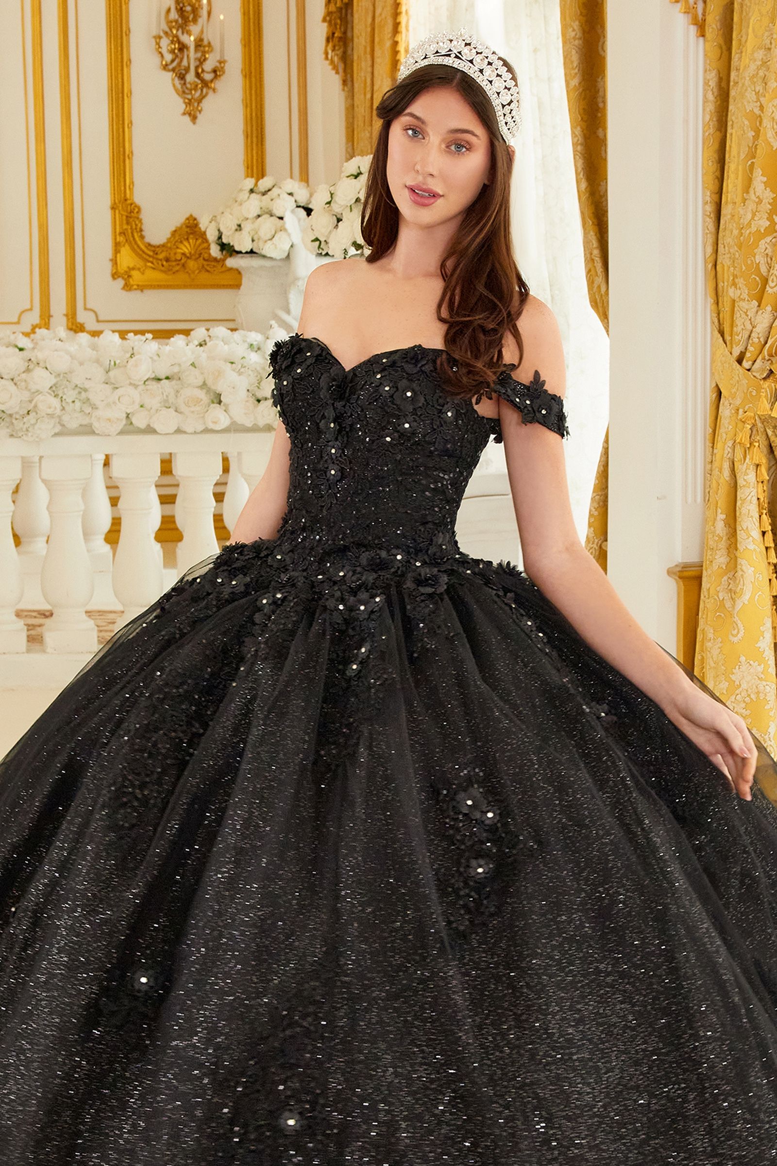 Long Floral Ball Gown Glitter Quinceañera Dress by LaDivine 15702
