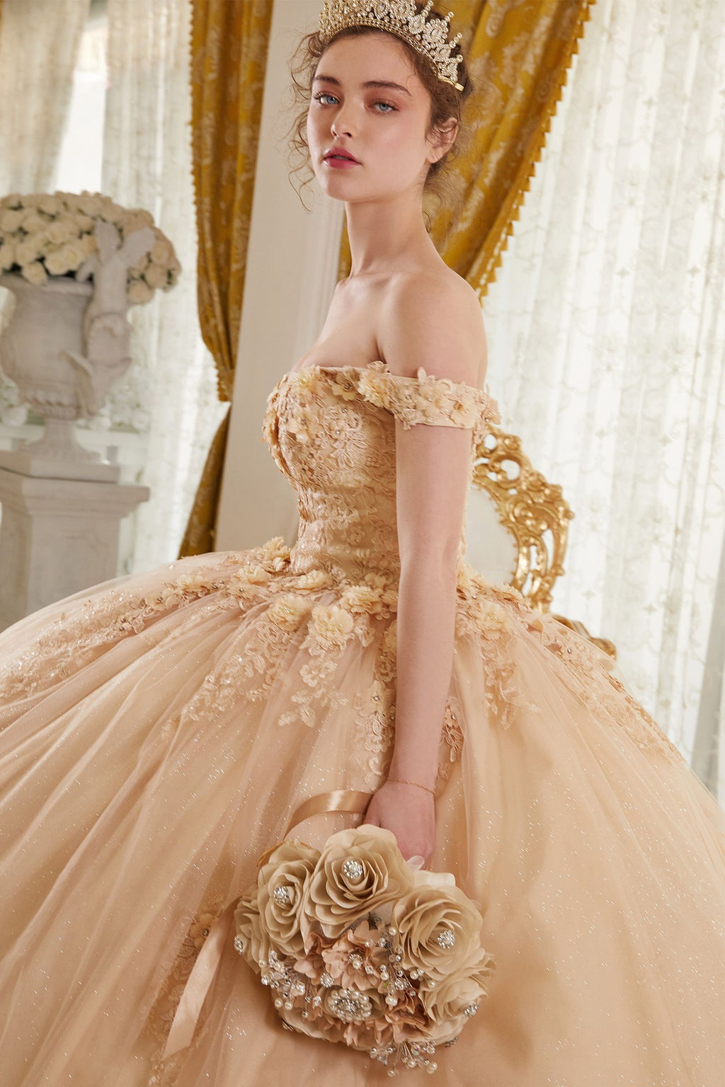 Long Floral Ball Gown Glitter Quinceañera Dress by LaDivine 15702