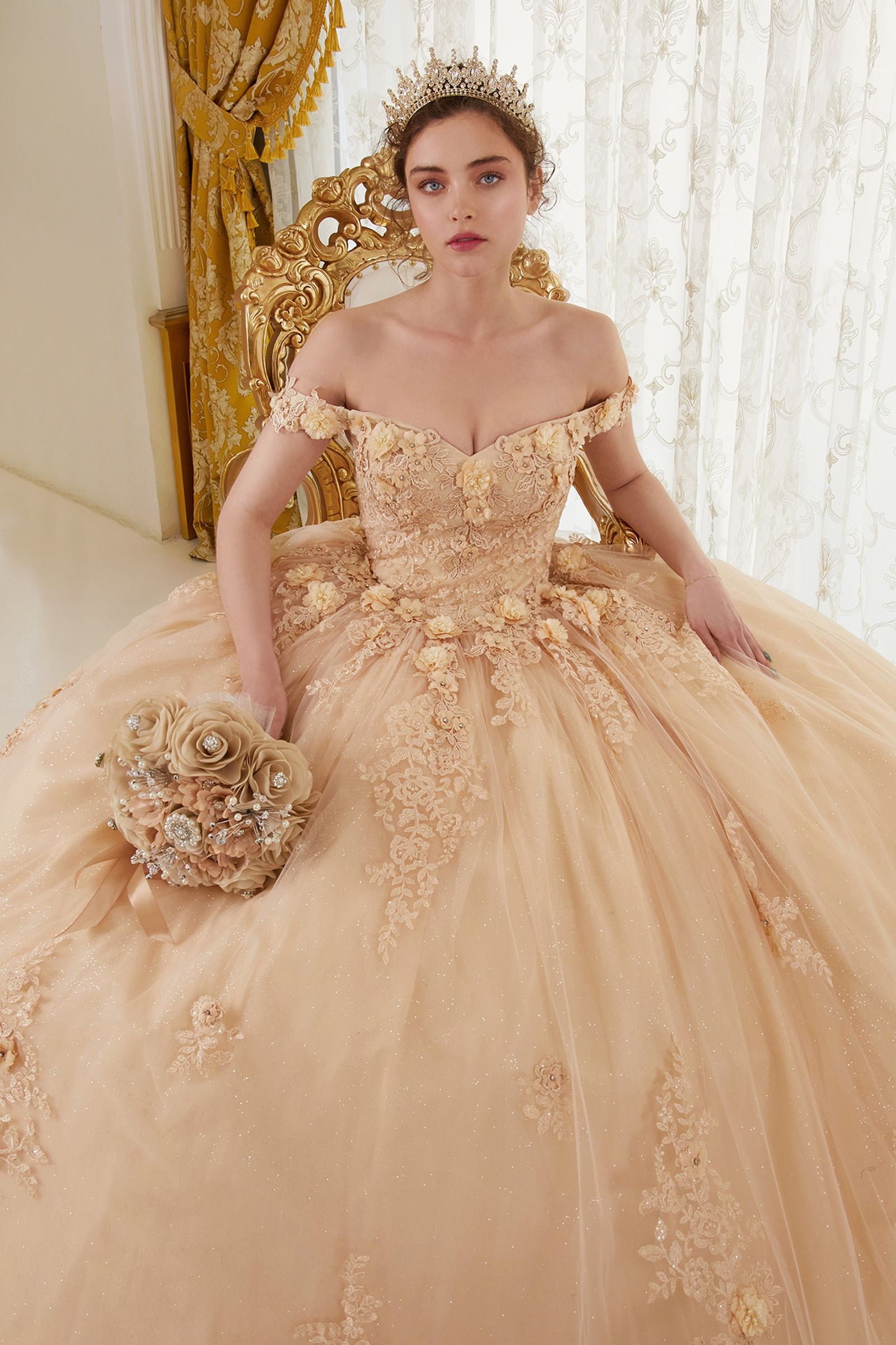 Long Floral Ball Gown Glitter Quinceañera Dress by LaDivine 15702