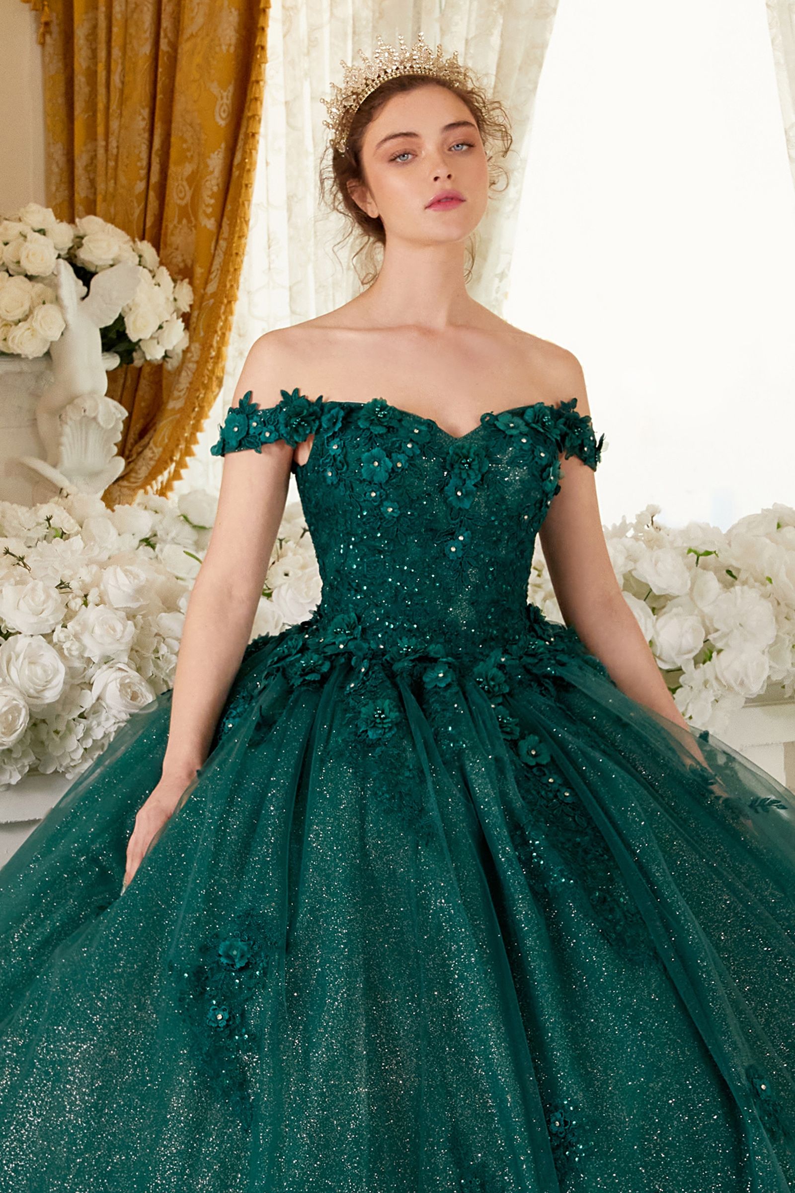 Long Floral Ball Gown Glitter Quinceañera Dress by LaDivine 15702