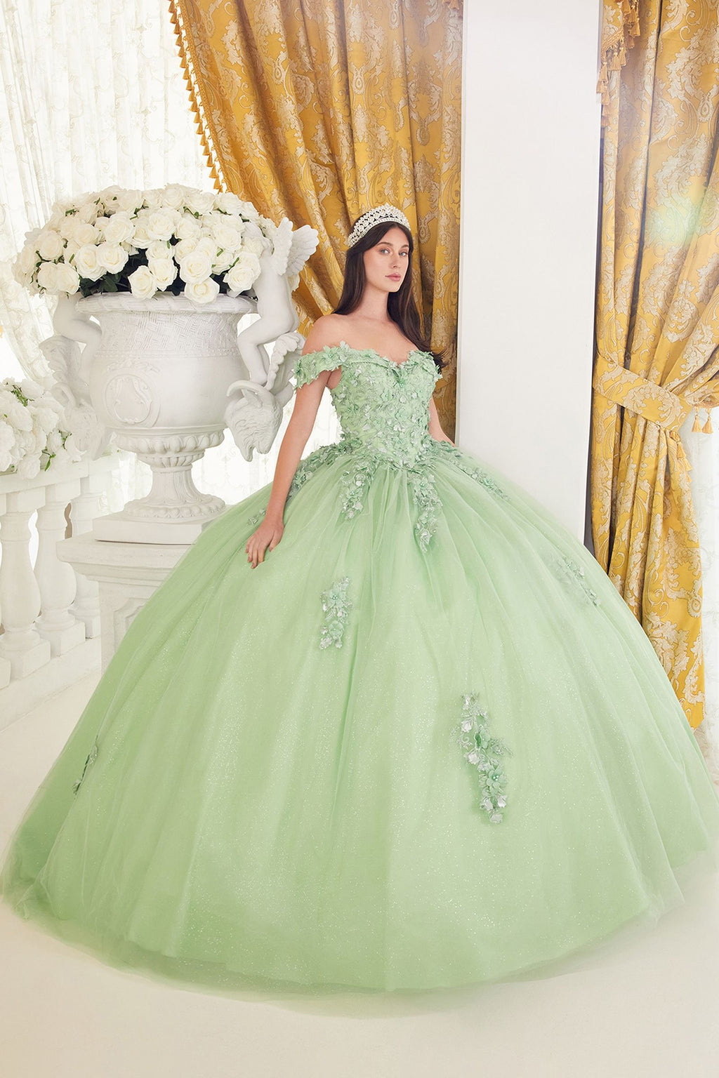 Long Off-Shoulder Quinceañera Tulle Ball Gown by LaDivine 15710