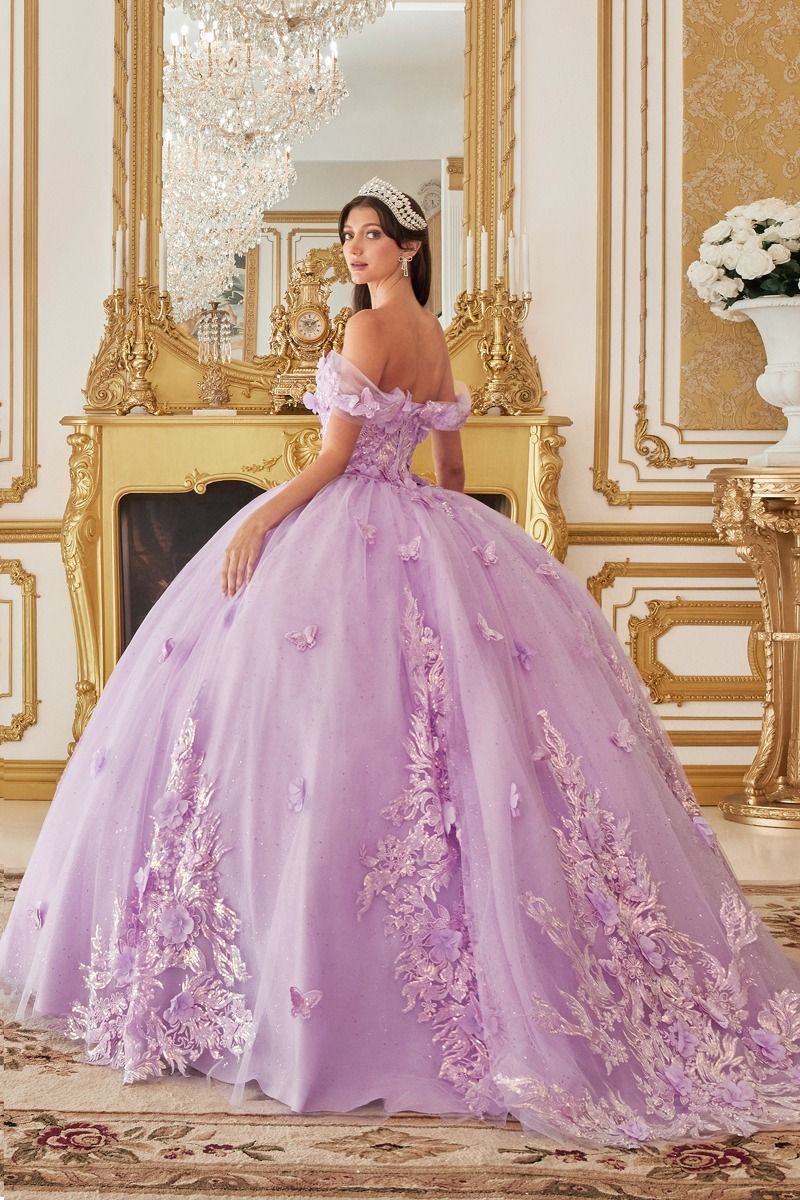 Long Quinceañera Off-Shoulder Floral Appliqué Ball Gown by LaDivine 15713
