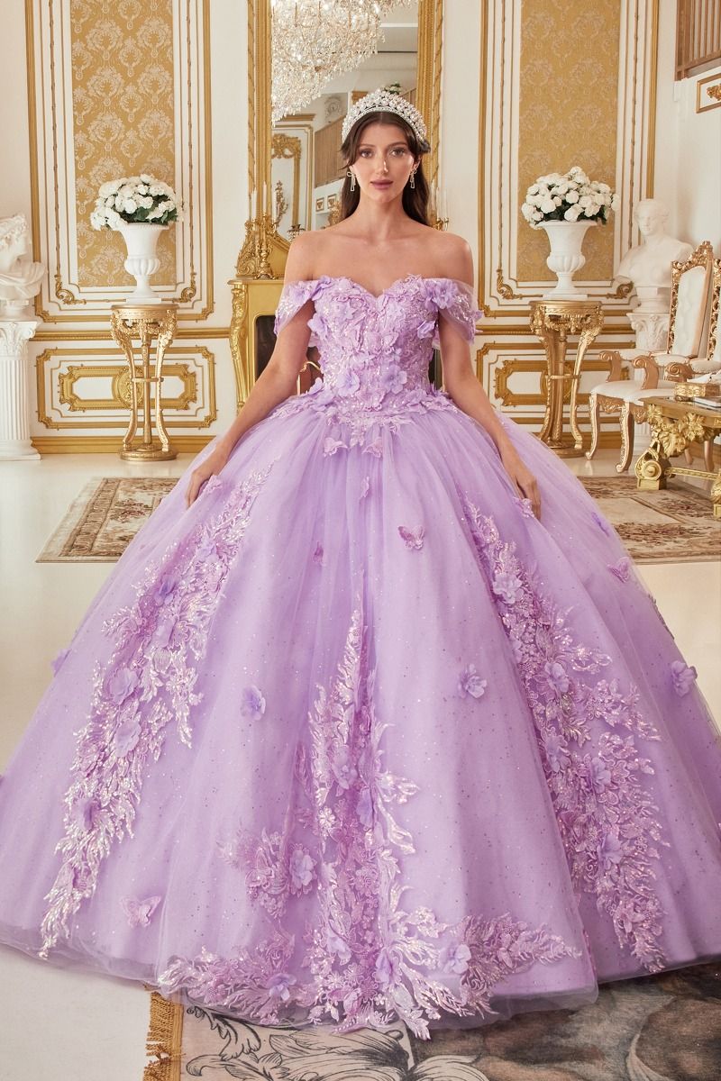 Long Quinceañera Off-Shoulder Floral Appliqué Ball Gown by LaDivine 15713