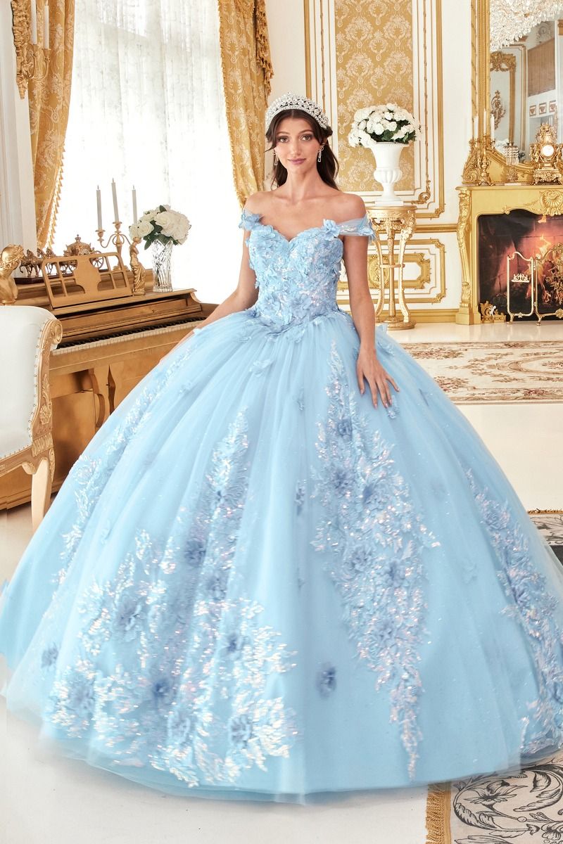 Long Quinceañera Off-Shoulder Floral Appliqué Ball Gown by LaDivine 15713