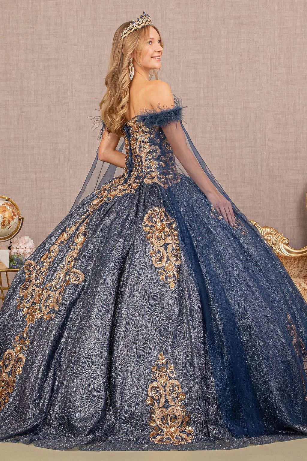 Long Ball Gown Feather Sequin Quinceanera Dress