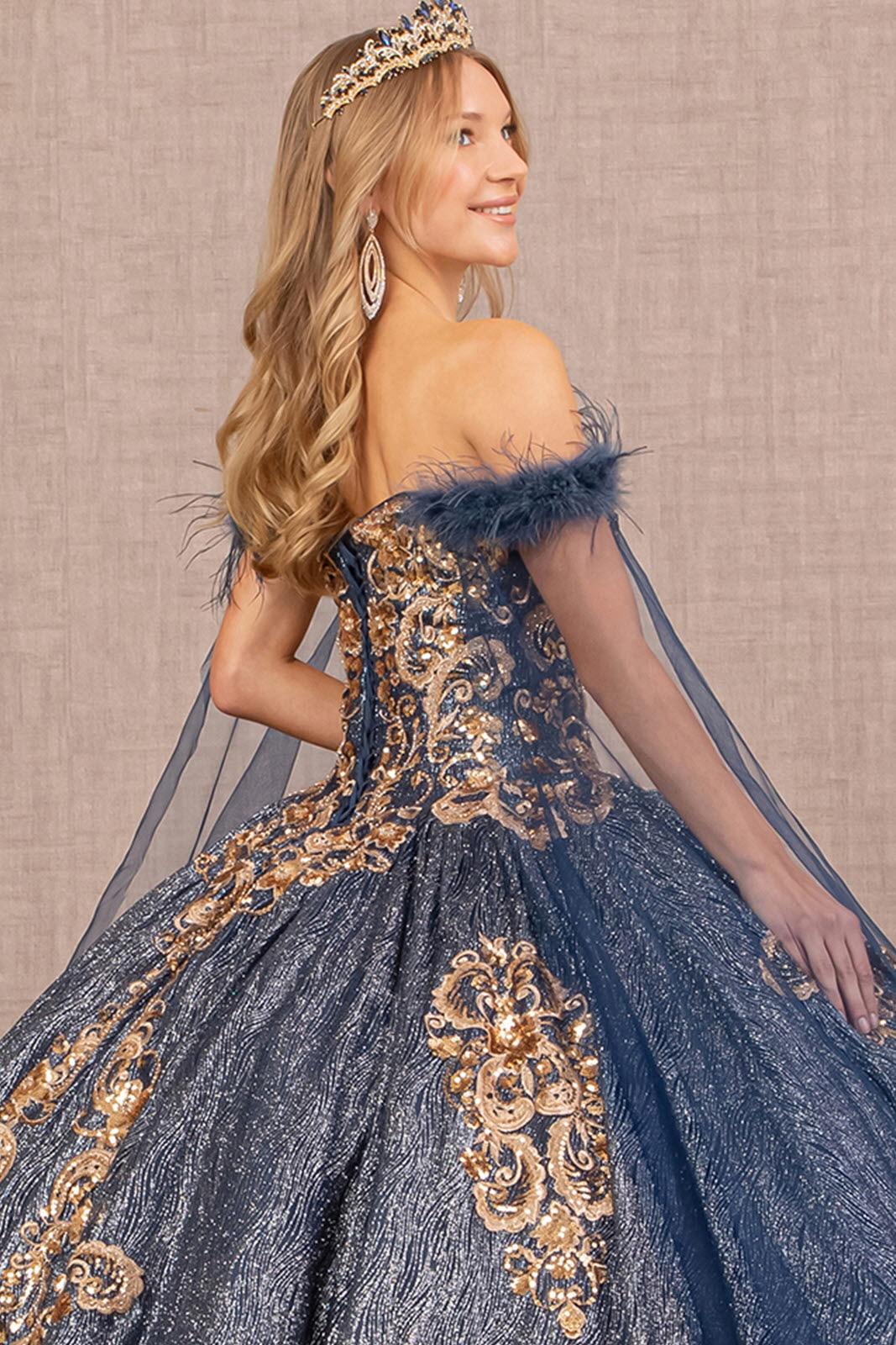 Long Ball Gown Feather Sequin Quinceanera Dress