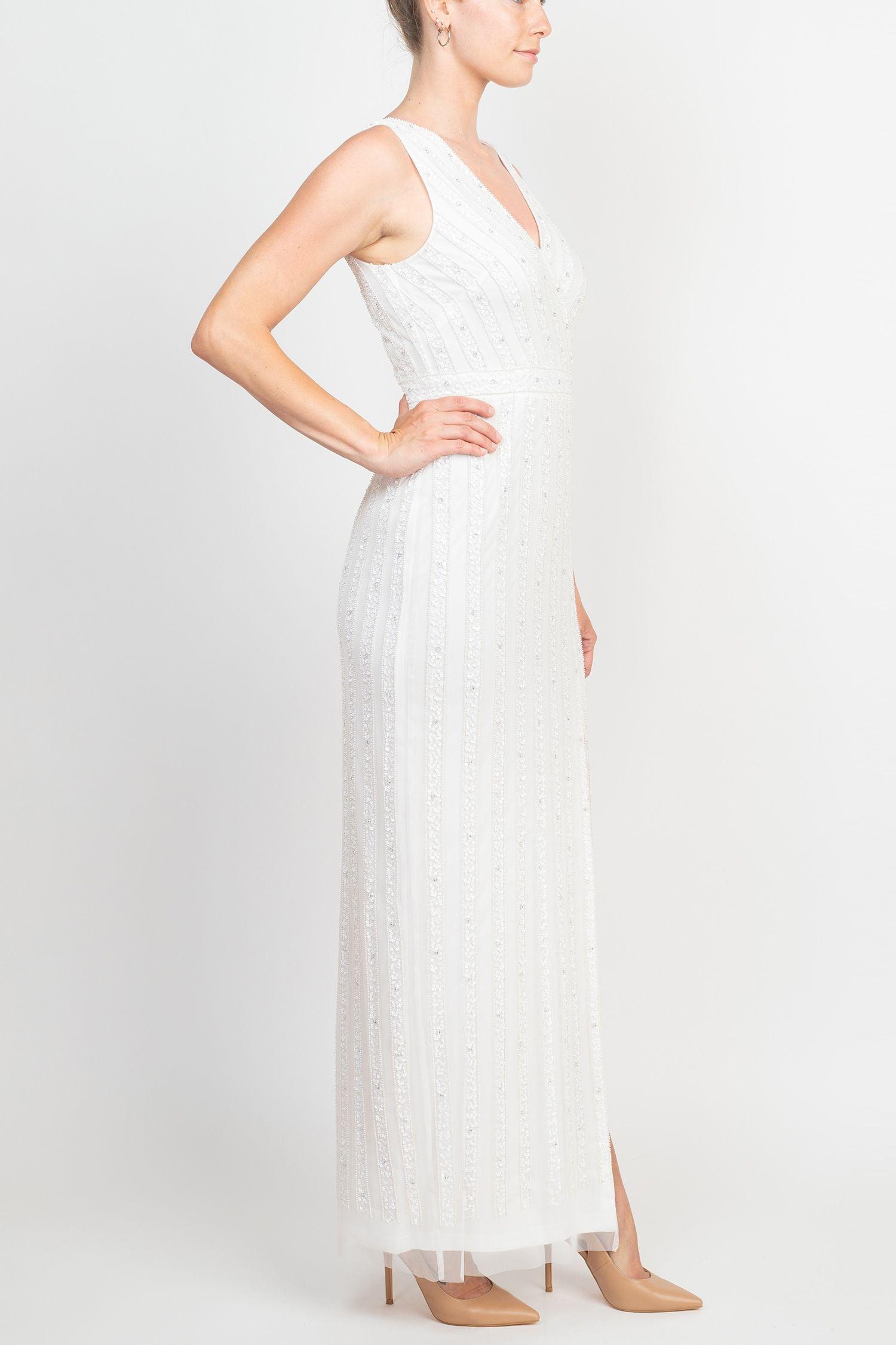 Adrianna Papell AP1E208752 Sleeveless Banded Waist Slit Formal Mesh Dress