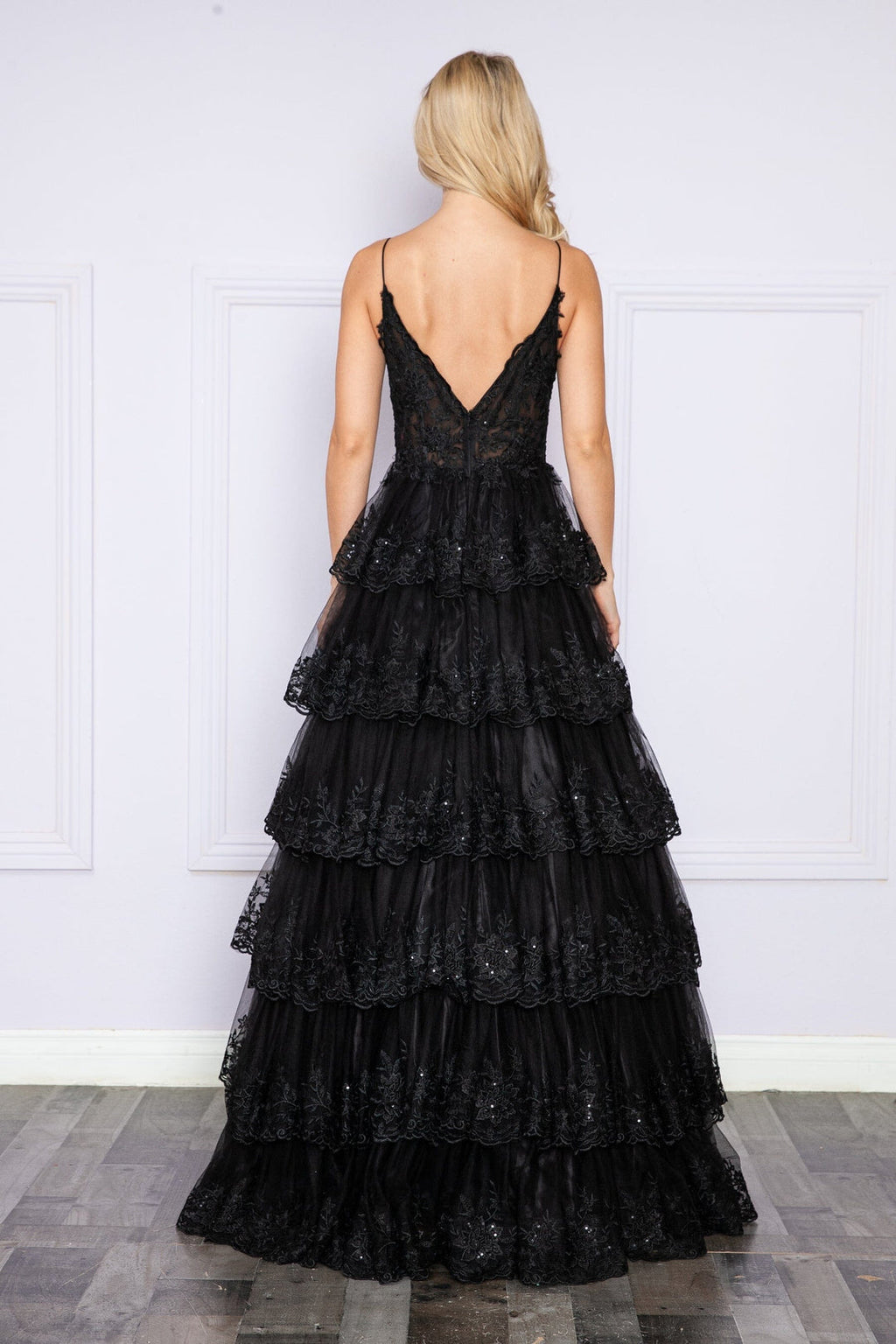 Applique Sleeveless Tiered Layered Gown with Slit Prom Dress Poly USA 9402