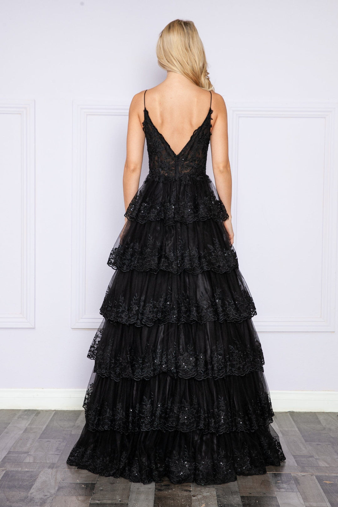 Applique Sleeveless Tiered Layered Gown with Slit Prom Dress Poly USA 9402