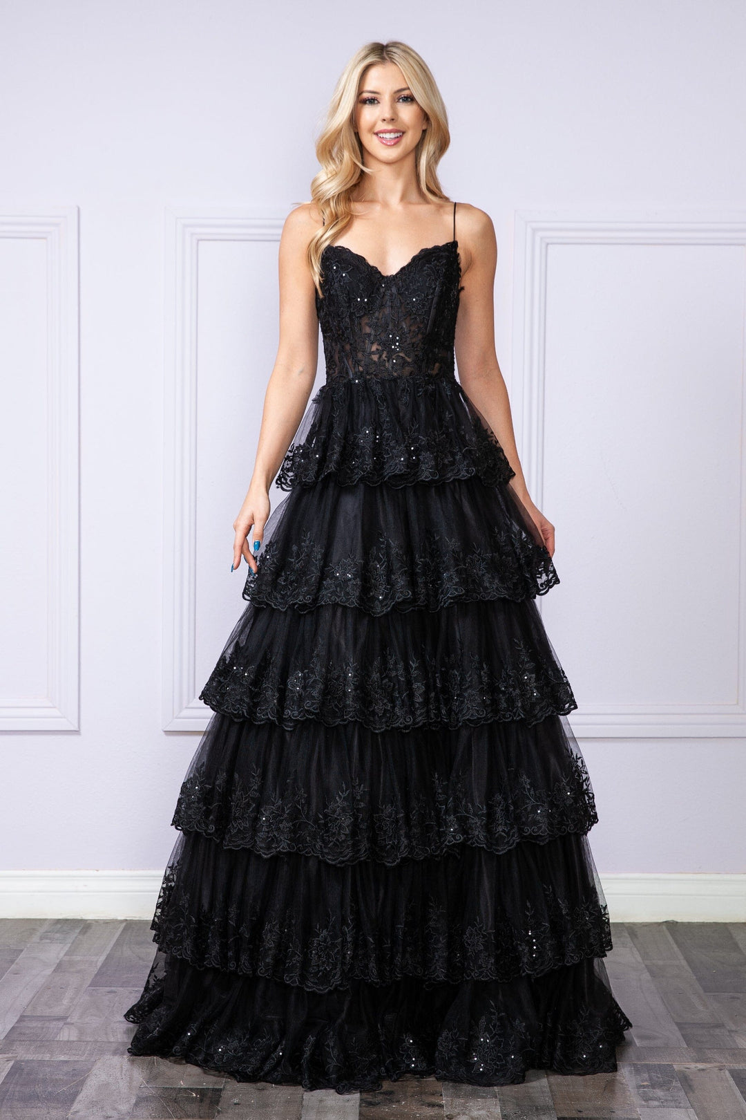 Applique Sleeveless Tiered Layered Gown with Slit Prom Dress Poly USA 9402