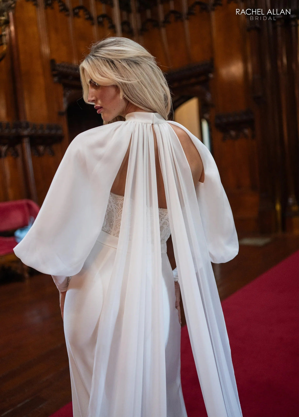 Sweetheart Floor-Length Crepe Bridal Jumpsuit with Chiffon Cape Rachel Allan RB1019