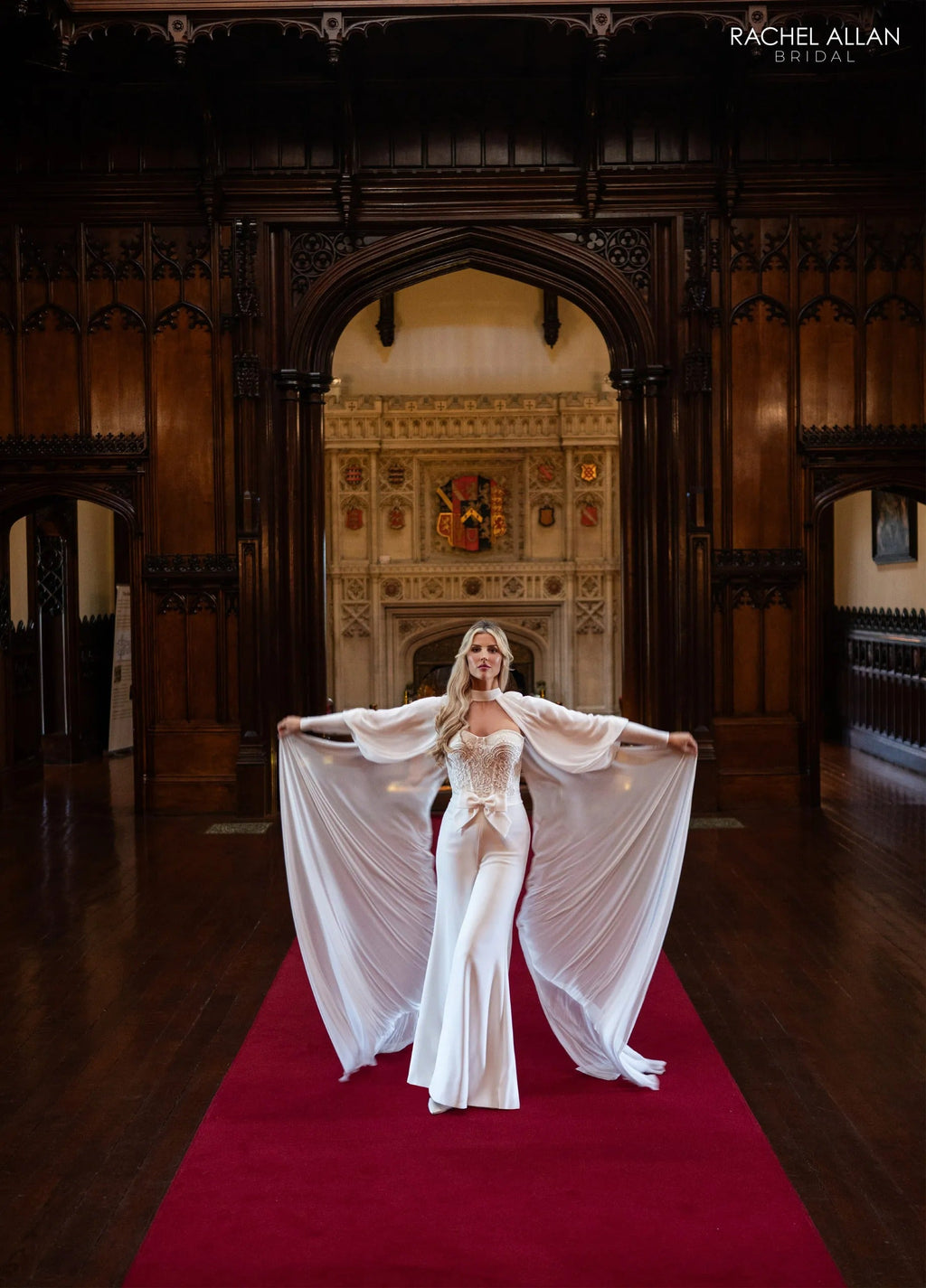 Sweetheart Floor-Length Crepe Bridal Jumpsuit with Chiffon Cape Rachel Allan RB1019