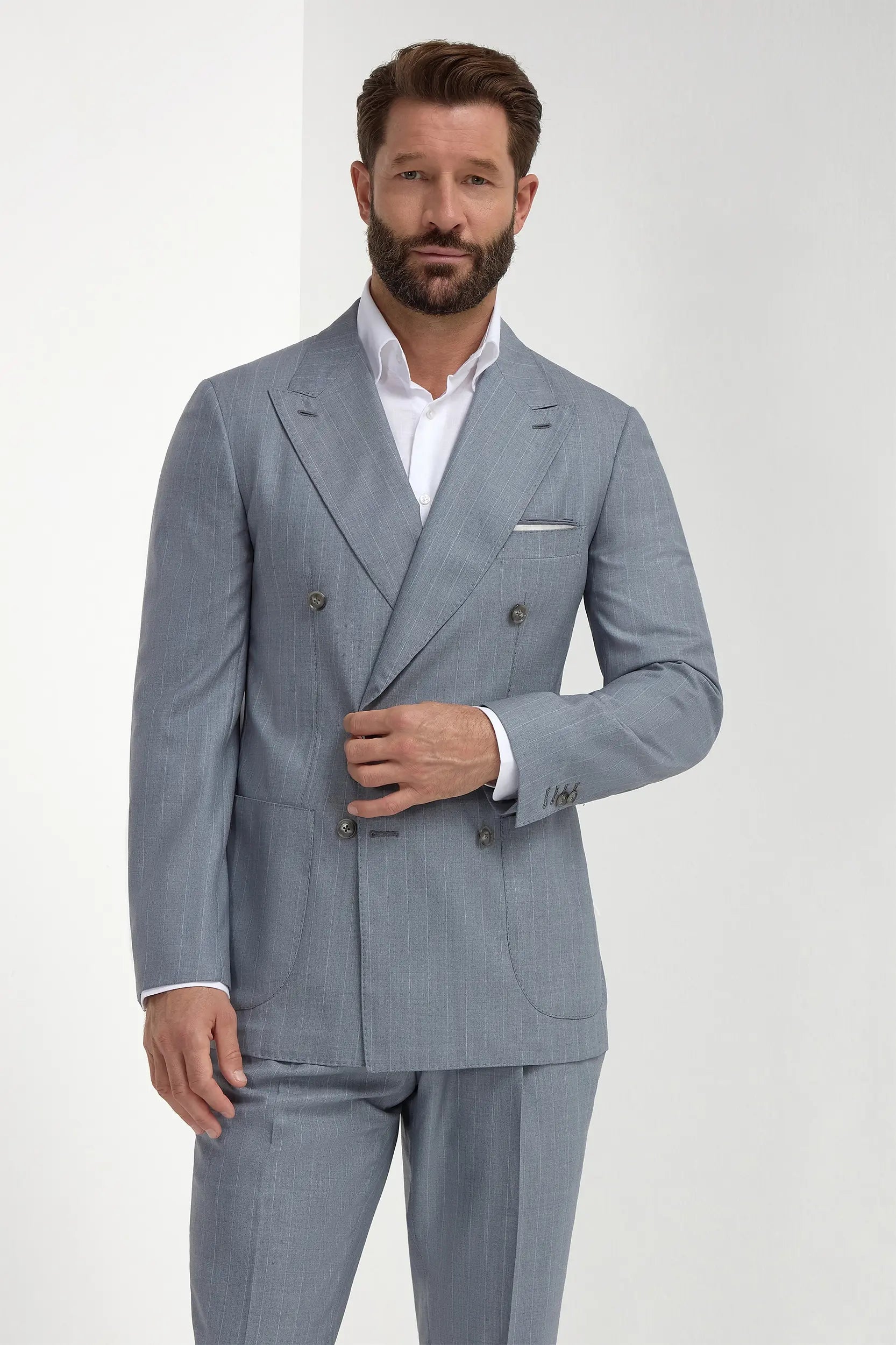 Dusty blue pinstripe double breasted Super 150's suit - Made in Italy