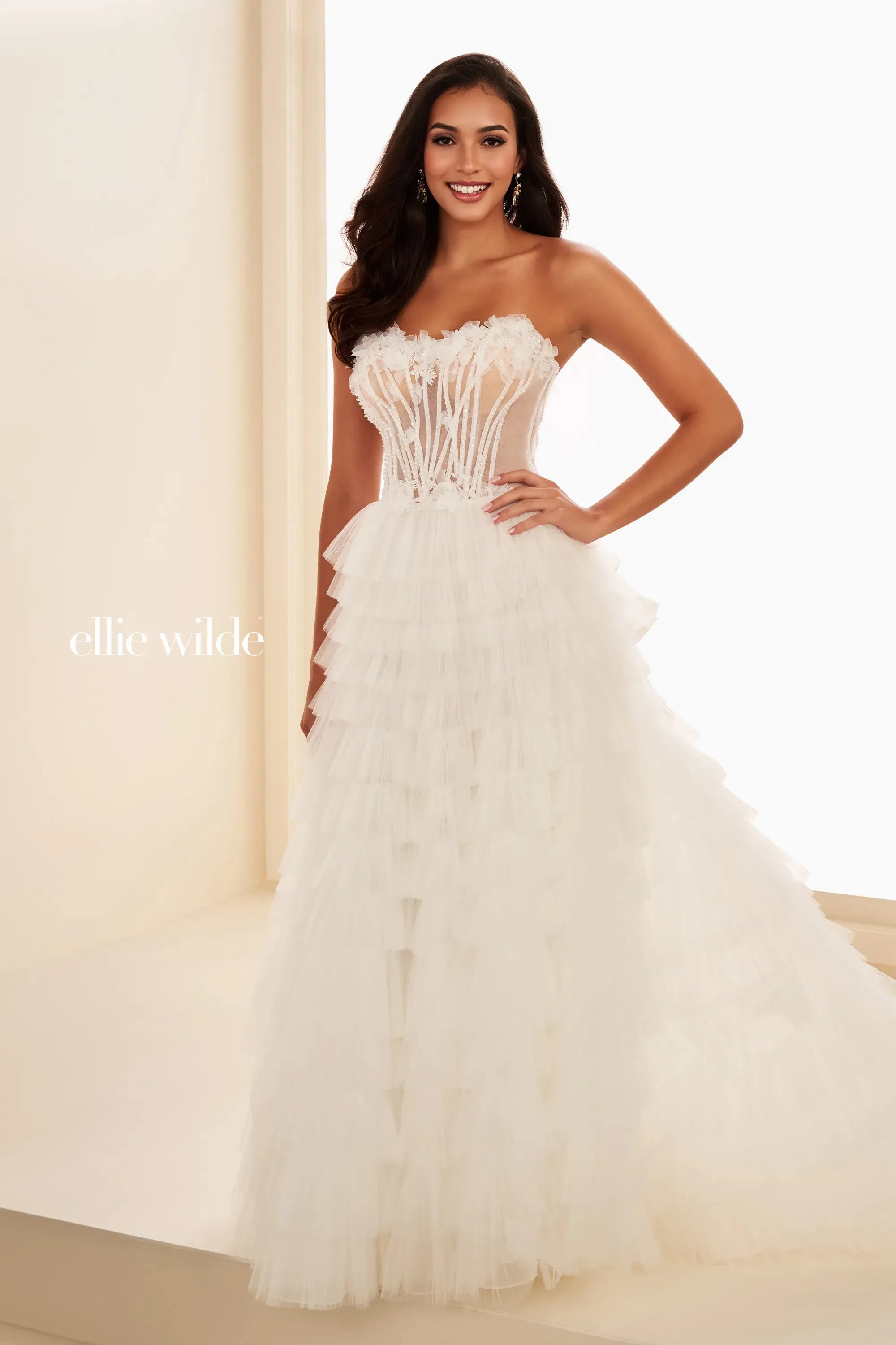 Ellie Wilde 37026 Corset Beaded Bridal Ruffle Wedding Dress