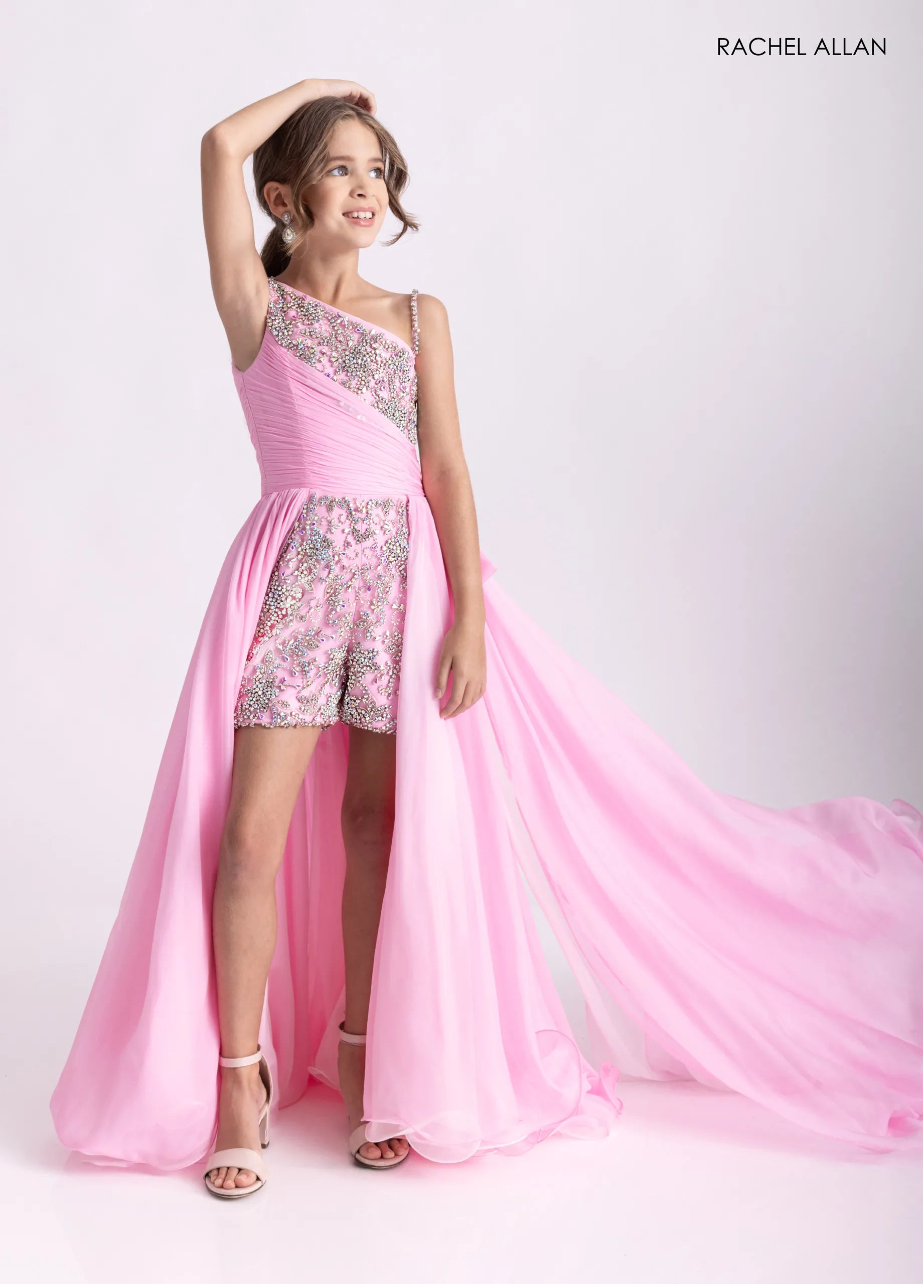 One-Shoulder Short Embellished Romper Gown by Rachel Allan 10311