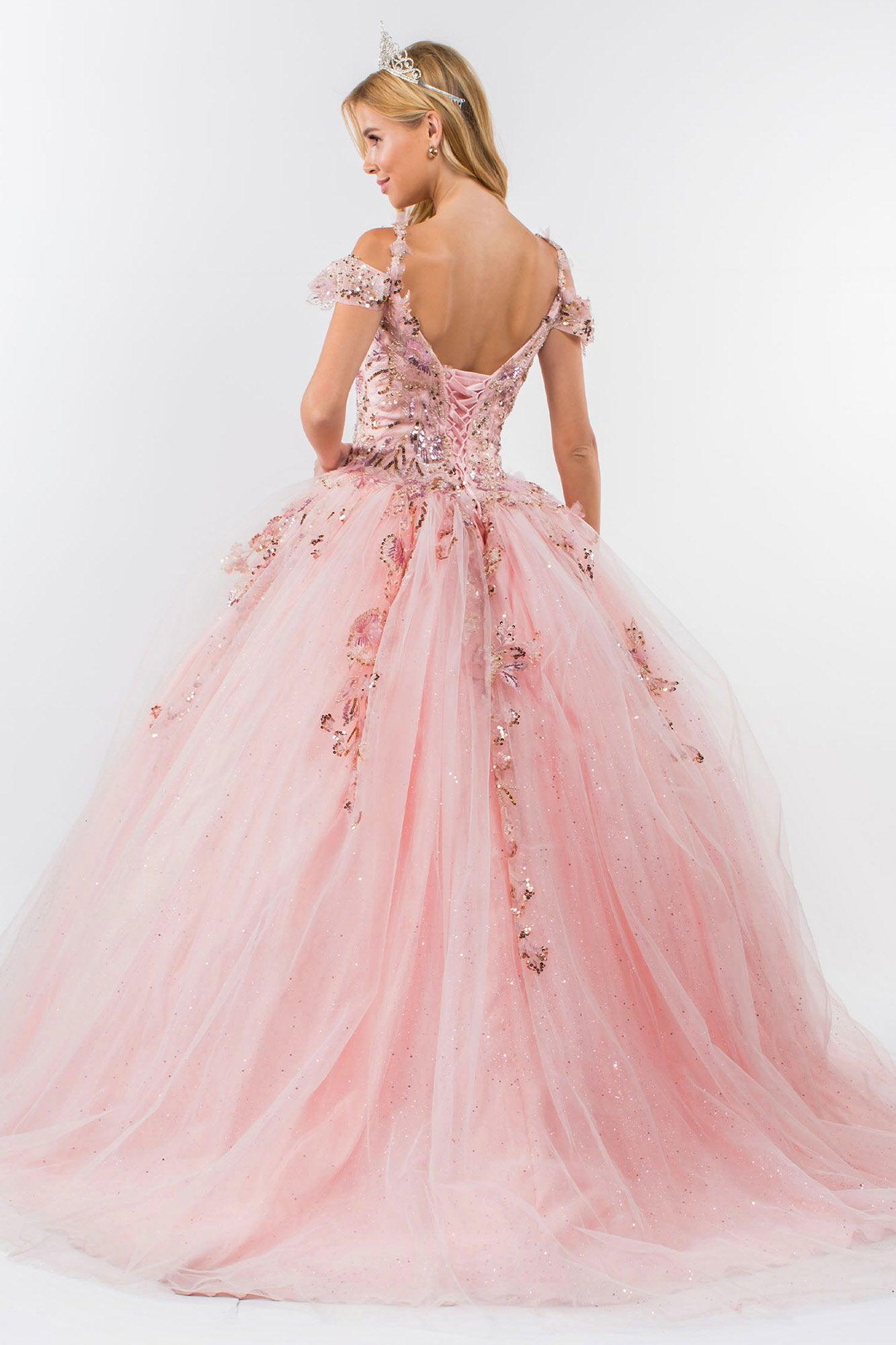 Quinceanera Cold Shoulder Long Sequin Dress